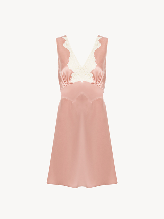 Sleeveless mini dress in washed silk satin & lace